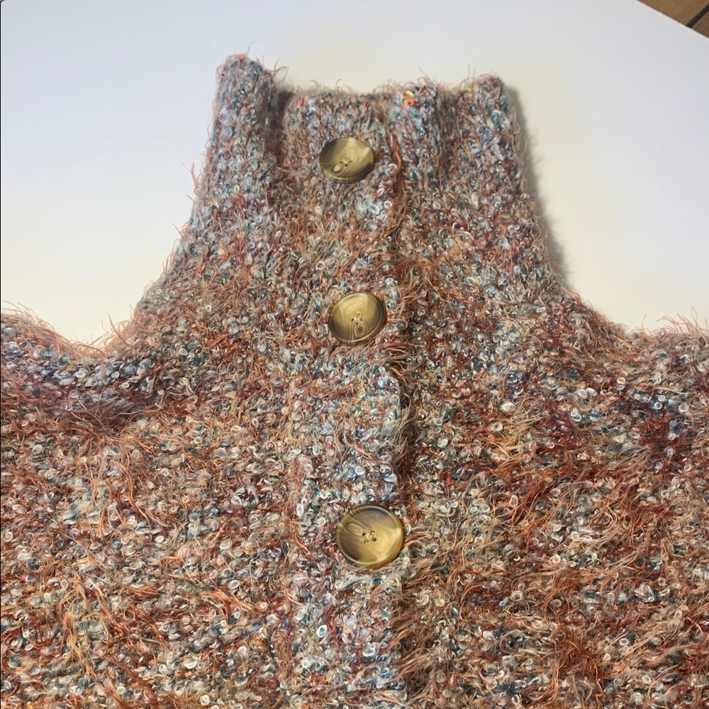 Free People Stellar Knit Pullover Sweater‎ EUC Med Blue Green Brown Eyelash Knit - Picture 10 of 16